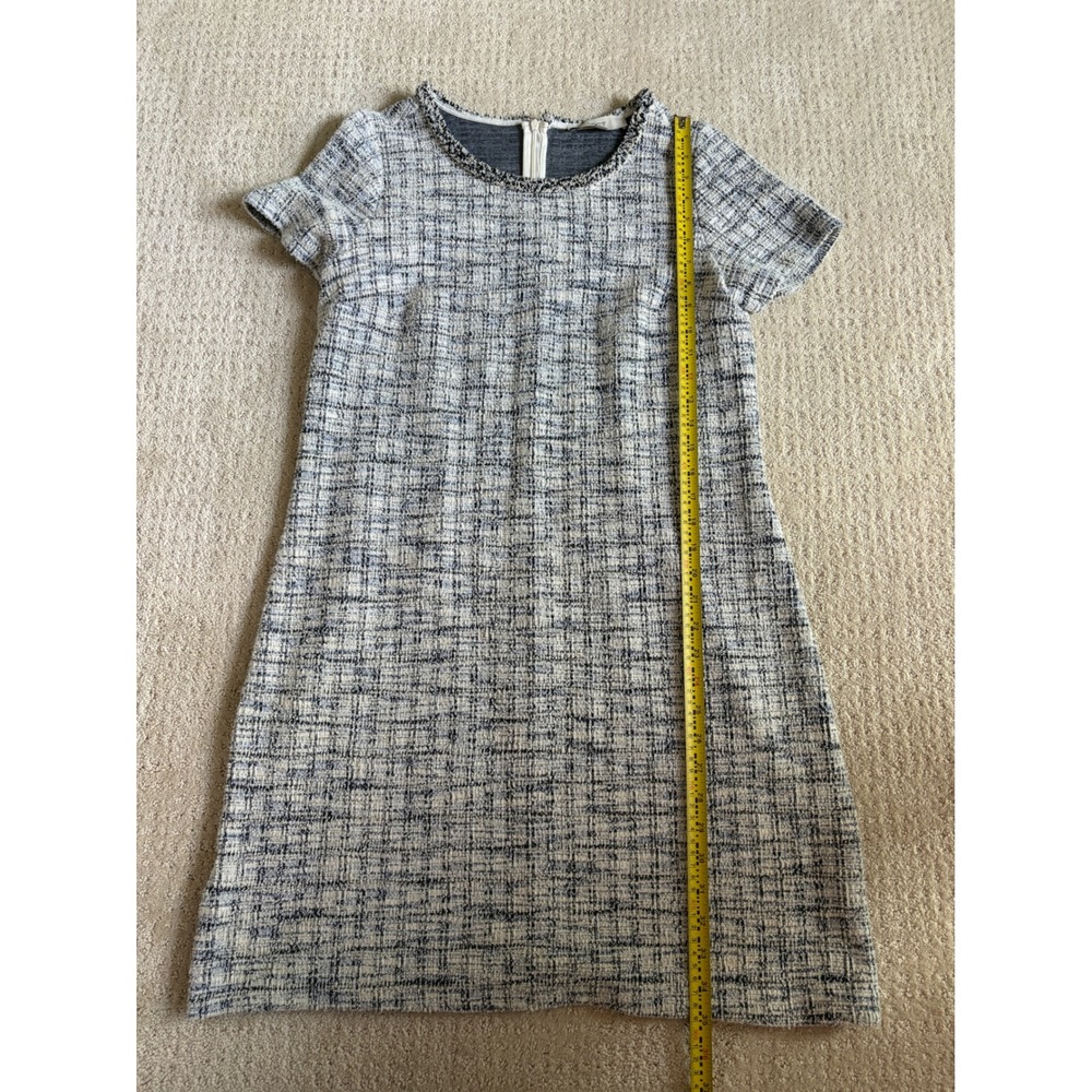 LOFT Womens Blue White Tweed Boucle Shift Dress Short Sleeve Fringe Trim Size 8